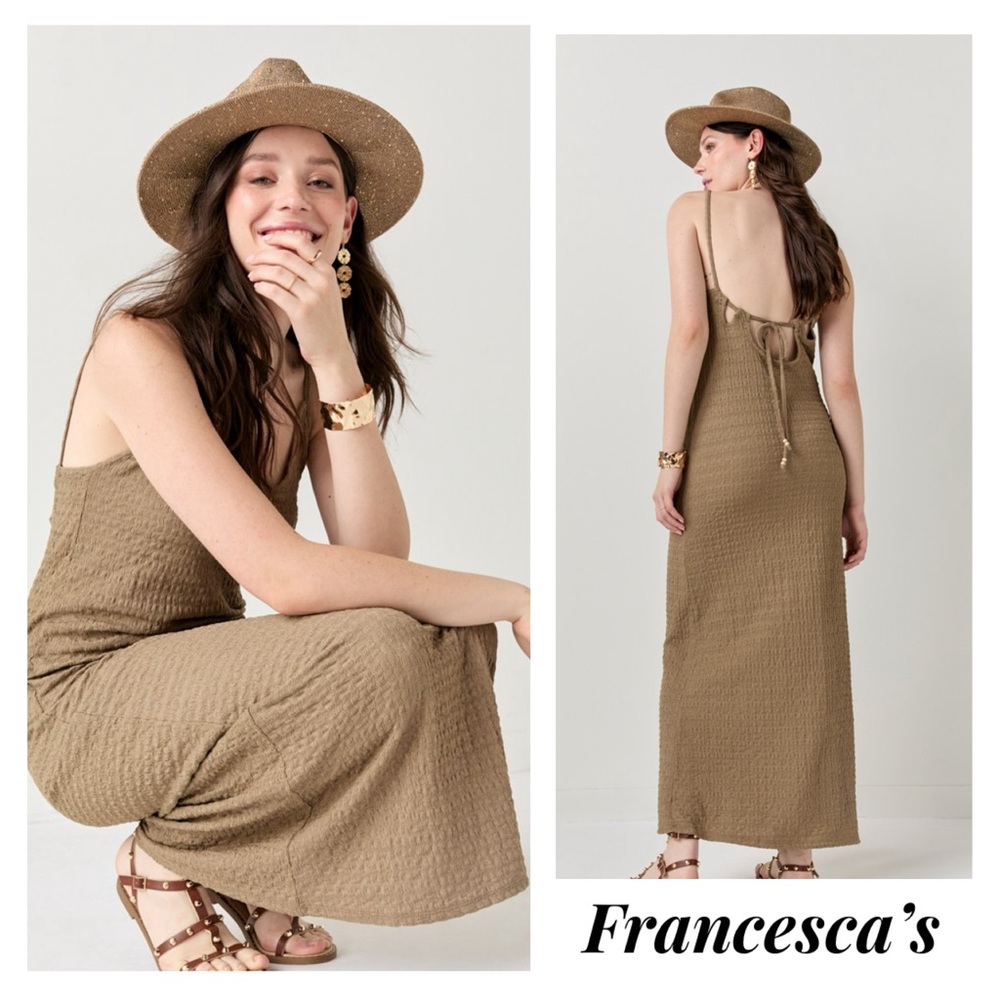 New Francescas Alice Crochet Tie Back Tan Chic Maxi Dress Chic Maxi Dress - Picture 2 of 6